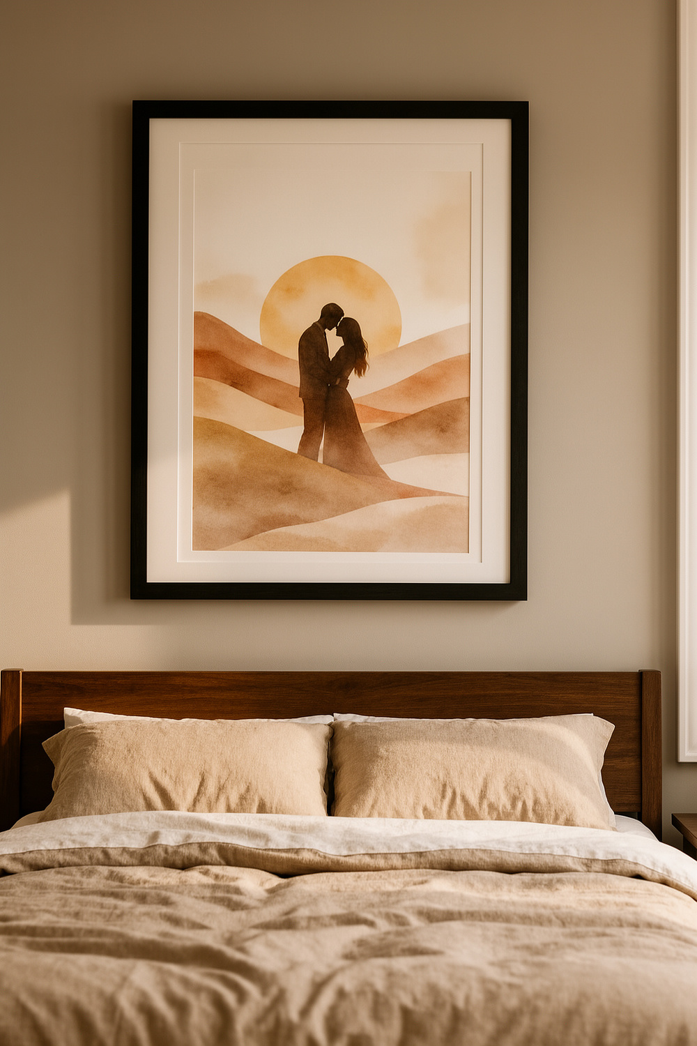 Silhouette artwork of couple kissing in desert at sunset, warm tones, minimalist style, romantic mood.