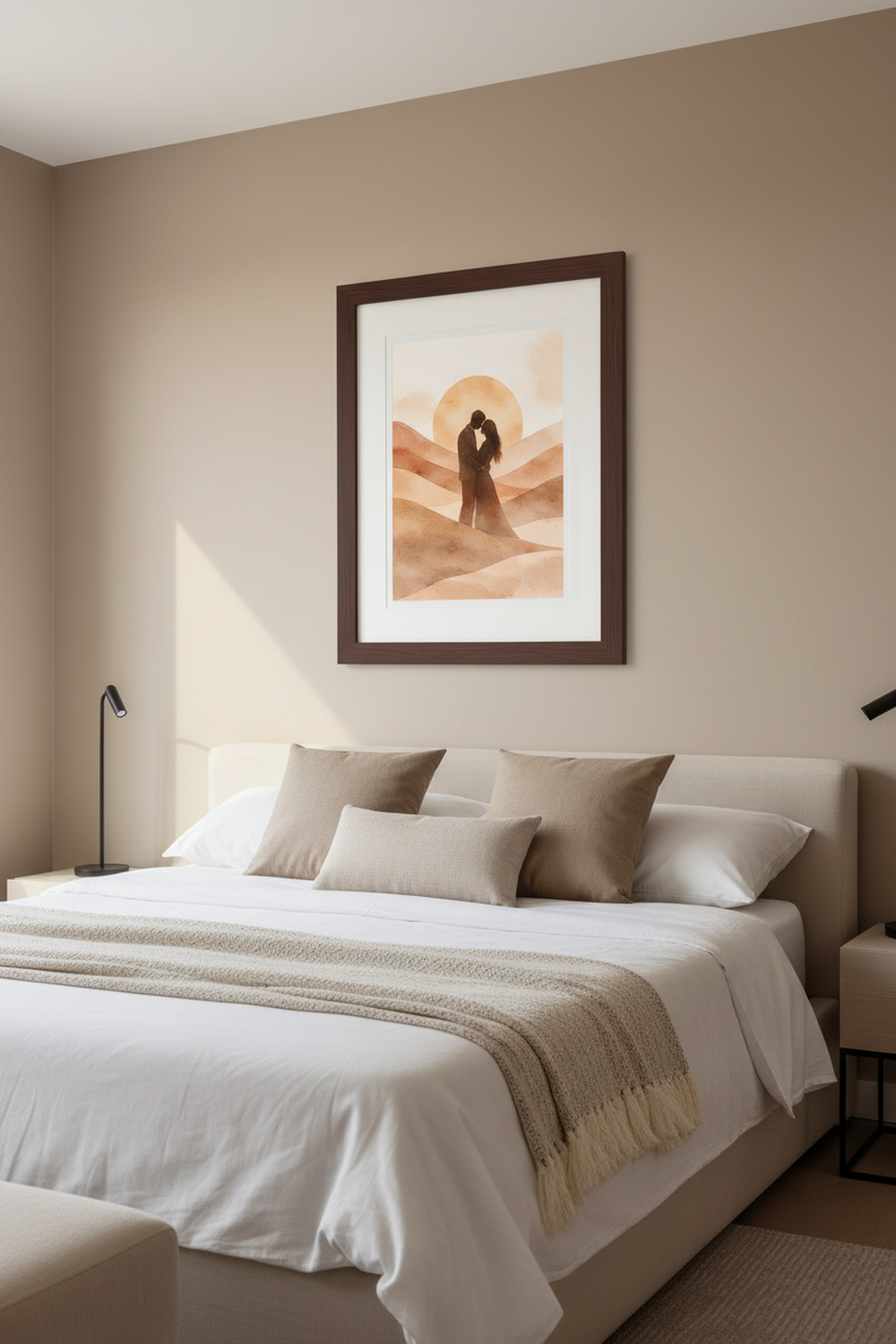 Framed watercolor painting of a couple embracing in a desert at sunset, warm earth tones, romantic and serene mood.