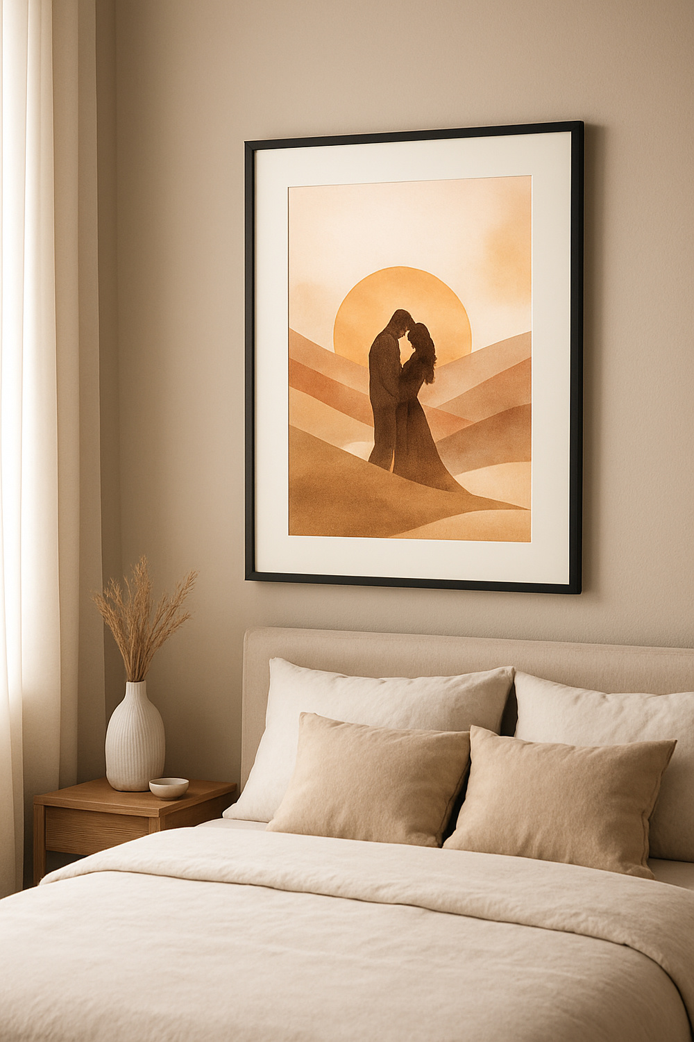Framed  wall art Silhouette of couple kissing at sunset in desert, warm tones, minimalist style, romantic mood above the bedroom.