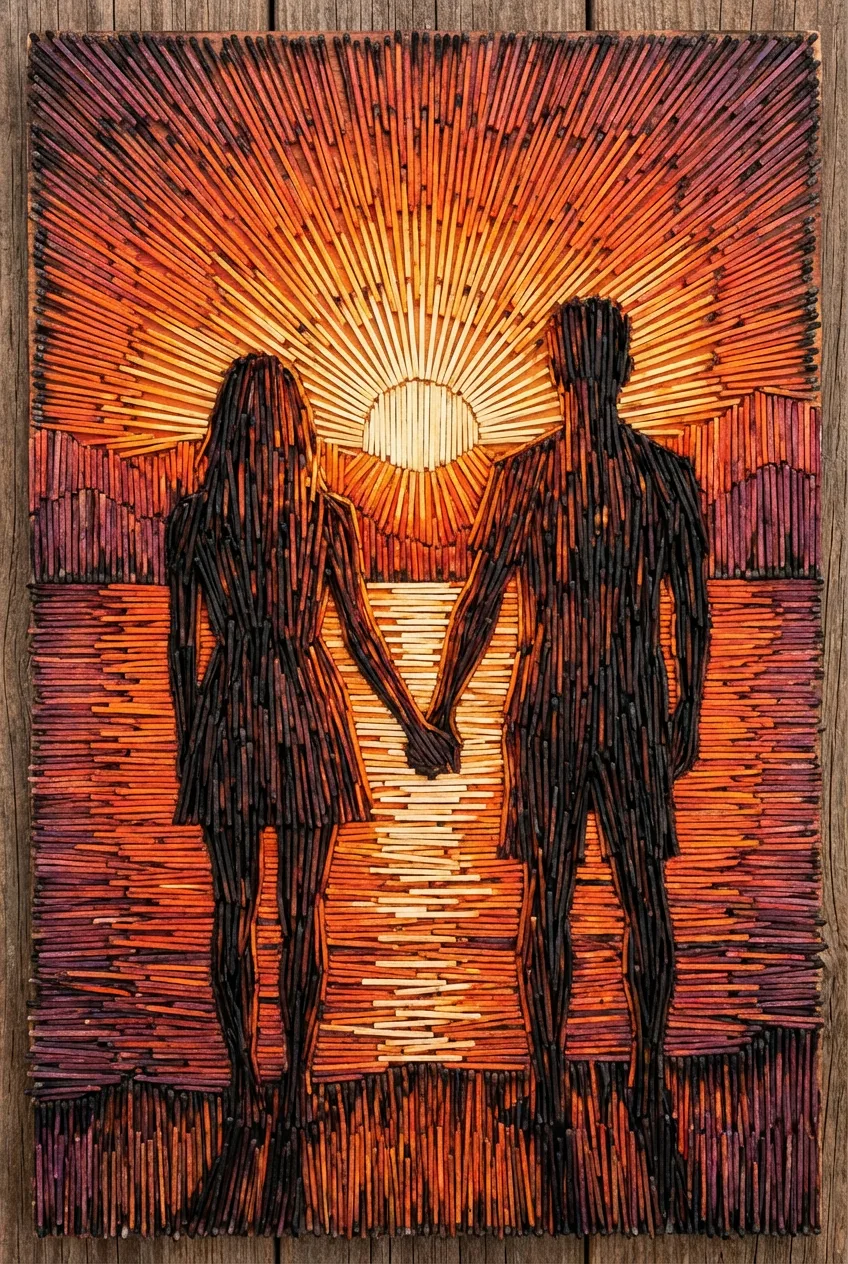 Printable Couple Holding hands at Sunset Matchstick Style Art for Bedroom - printable wall art